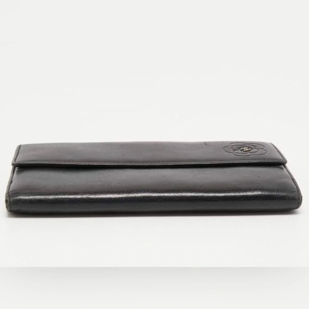 CHANEL Black Leather Camellia Wallet
